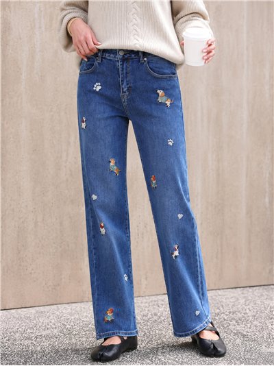 Jeans rectos perritos bordados