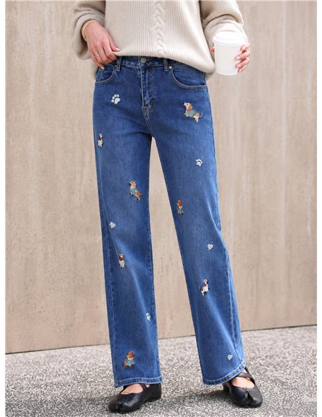 Jeans rectos perritos bordados