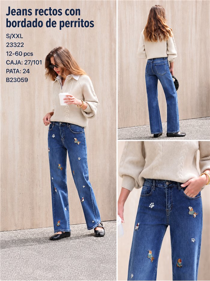 Jeans rectos perritos bordados