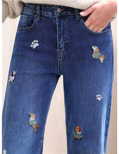 Jeans rectos perritos bordados