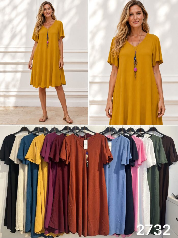 Vestido liso cuello pico con collar