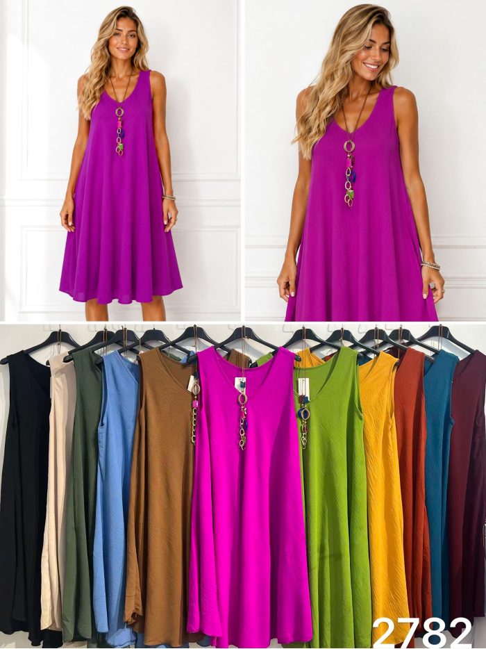 Vestido fluido evasé sin mangas con collar