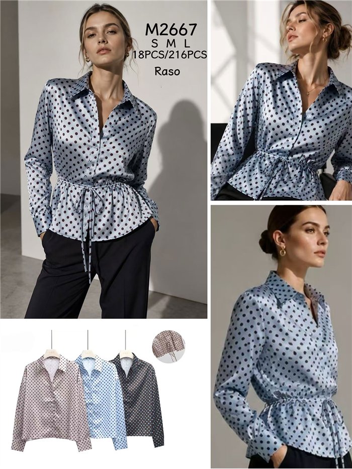 Camisa satinada lunares con cintura ajustable