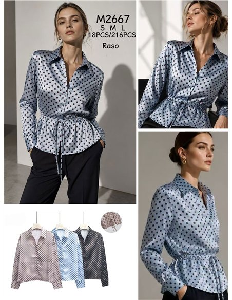 Camisa satinada lunares con cintura ajustable