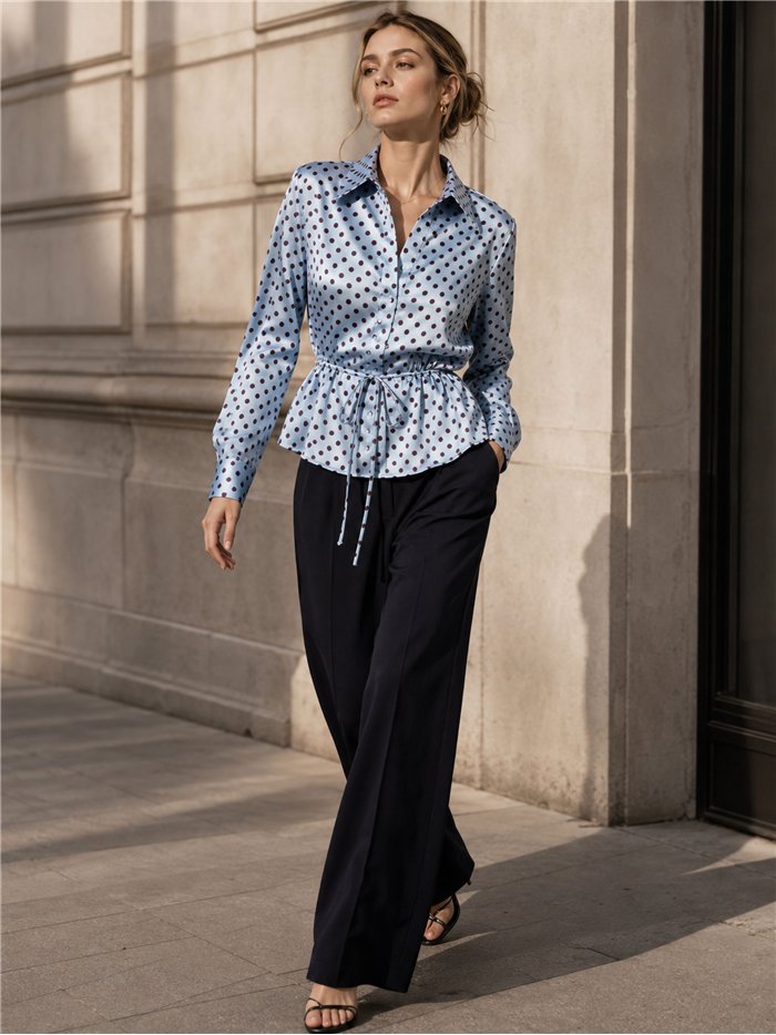 Camisa satinada lunares con cintura ajustable