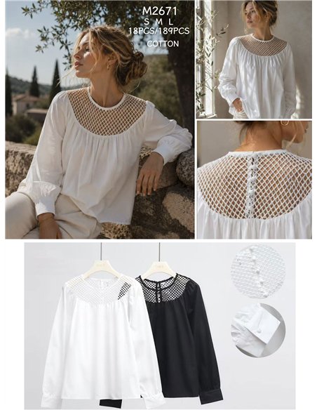 Blusa algodón con canesú rejilla