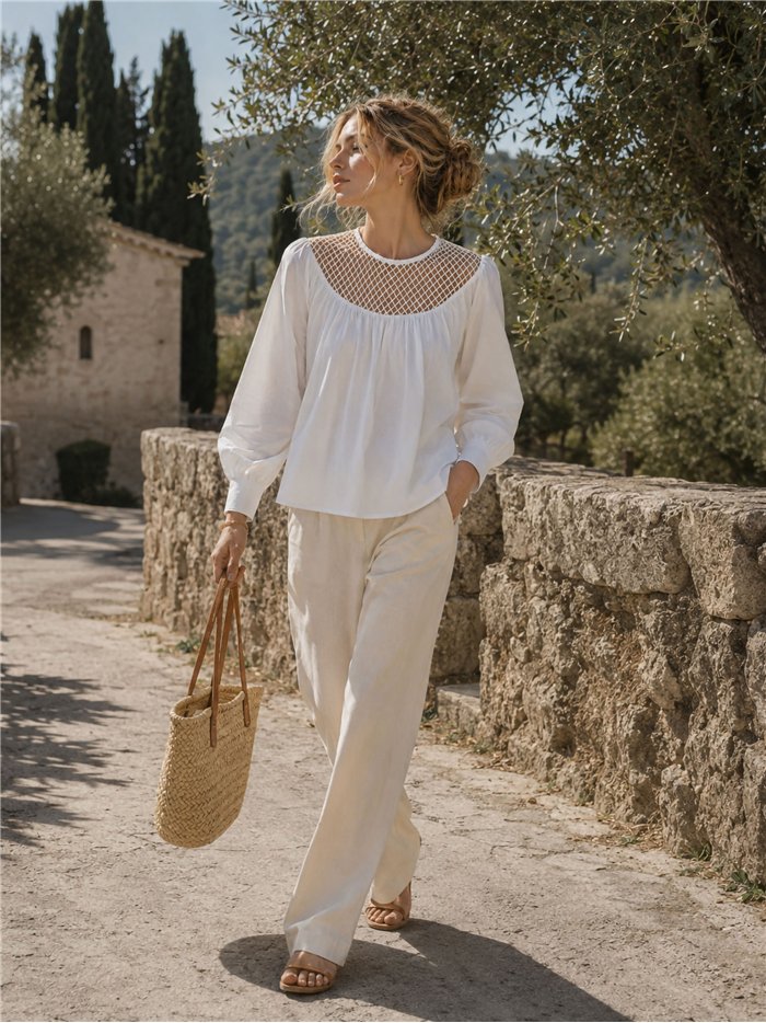 Blusa algodón con canesú rejilla