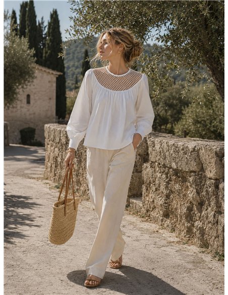 Blusa algodón con canesú rejilla