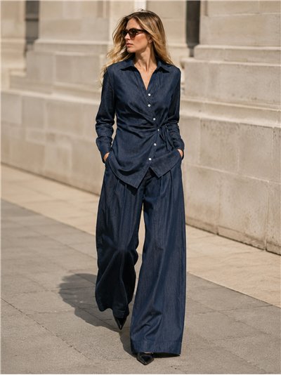 Conjunto camisa cruzada efecto denim y pantalón wide-leg