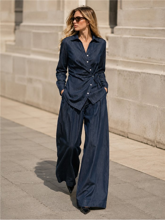 Conjunto camisa cruzada efecto denim y pantalón wide-leg