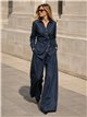Conjunto camisa cruzada efecto denim y pantalón wide-leg