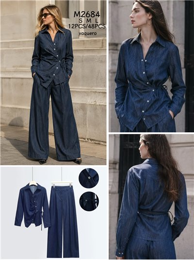 Conjunto camisa cruzada efecto denim y pantalón wide-leg 2