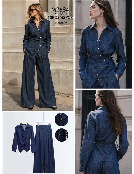 Conjunto camisa cruzada efecto denim y pantalón wide-leg