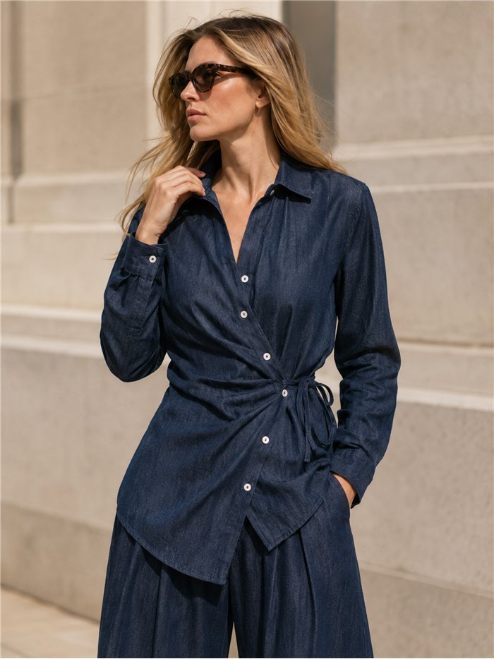 Conjunto camisa cruzada efecto denim y pantalón wide-leg