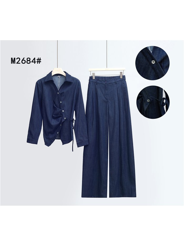 Conjunto camisa cruzada efecto denim y pantalón wide-leg