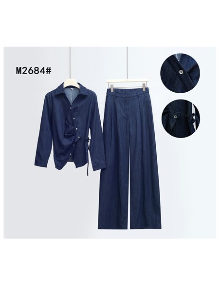 Conjunto camisa cruzada efecto denim y pantalón wide-leg