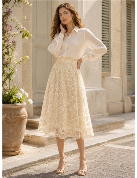 Falda midi de encaje con flores contrastes