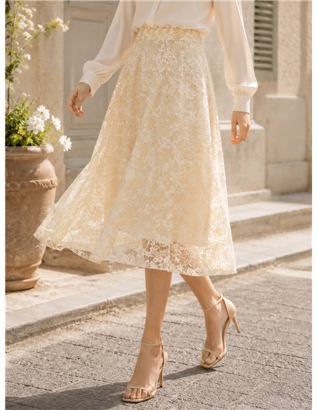 Falda midi de encaje con flores contrastes