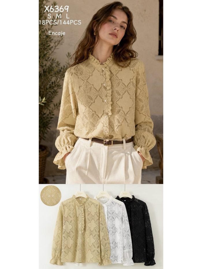 Lace blouse with statement ruffle | DB-X6369 | Wholesale