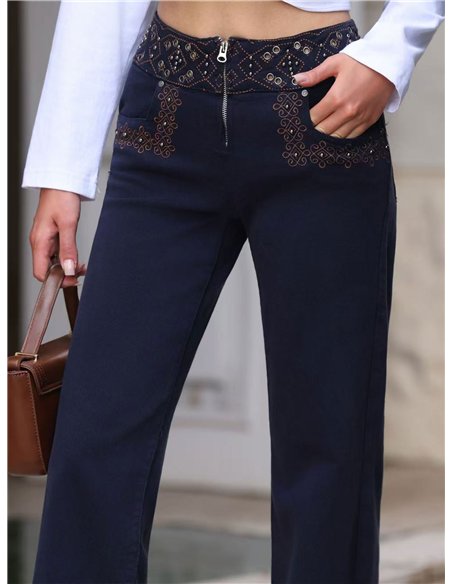 Weit geschnittene Jeans mit besticktem Bund und Ösen