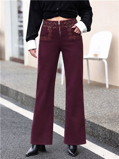 Embroidered waist wide leg jeans with eyelet detail