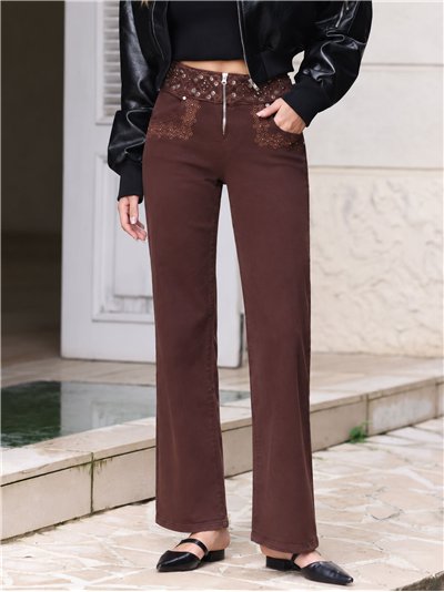 Embroidered waist wide leg jeans with eyelet detail