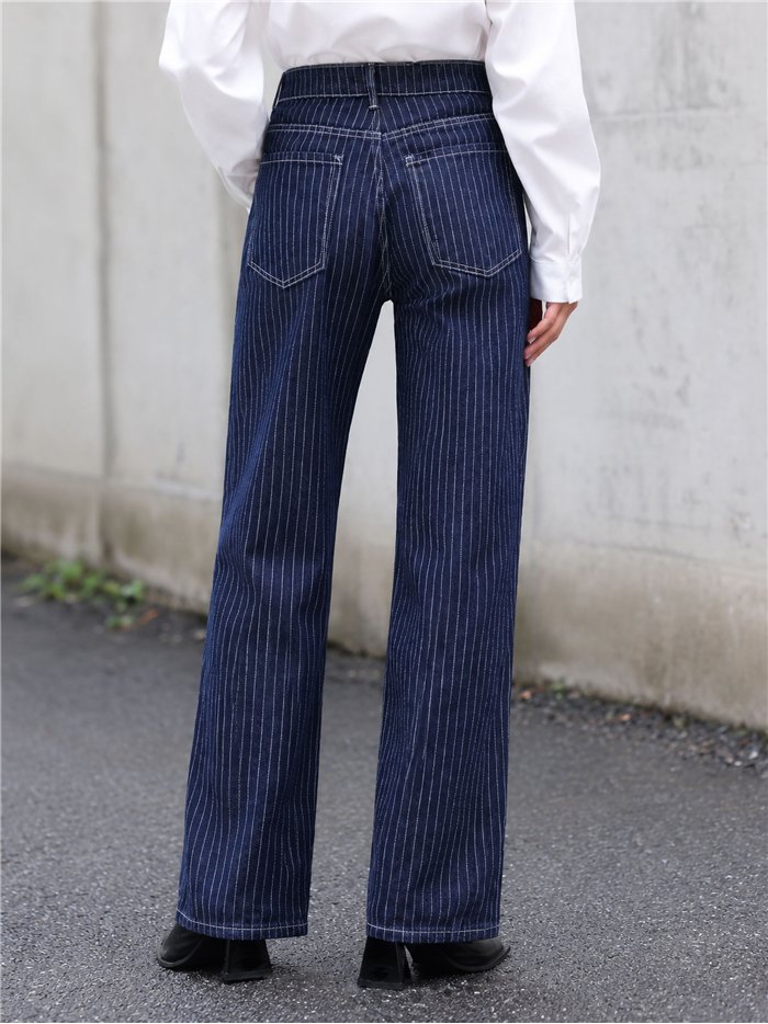 Jeans a gamba larga a righe sottili blu navy