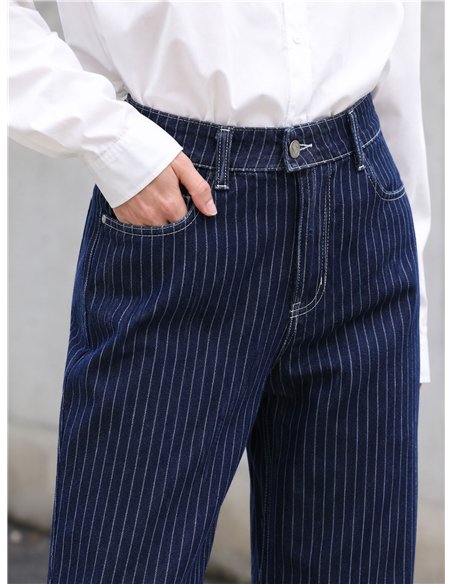 Jeans a gamba larga a righe sottili blu navy
