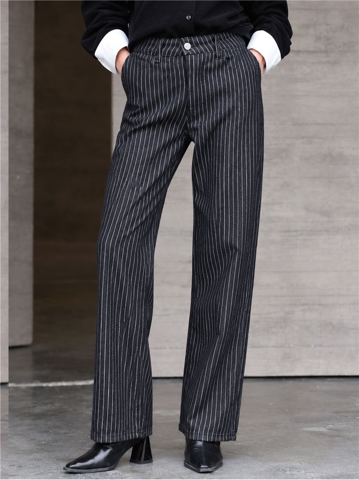 Jeans neri a gamba larga a righe sottili