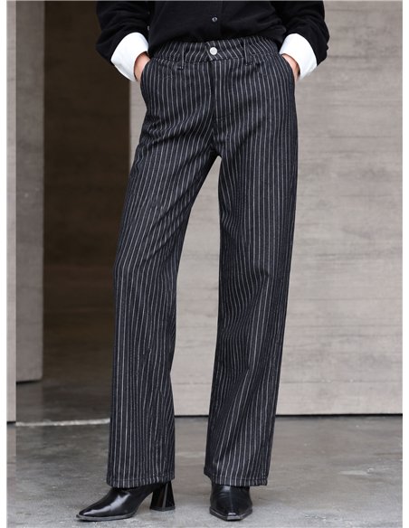 Jeans neri a gamba larga a righe sottili