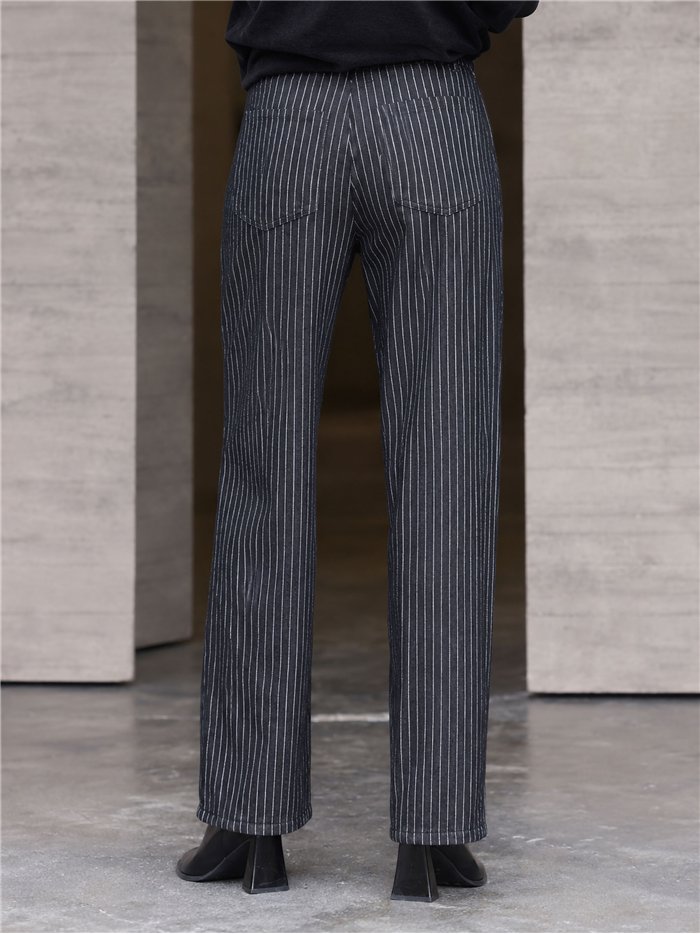 Jeans neri a gamba larga a righe sottili