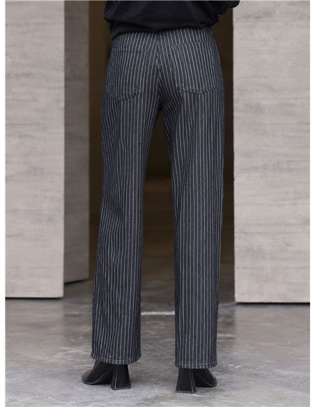 Jeans neri a gamba larga a righe sottili