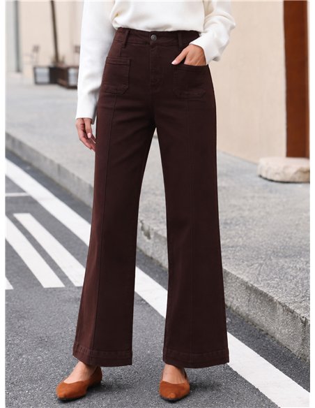 Jeans marroni a gamba larga con tasche anteriori