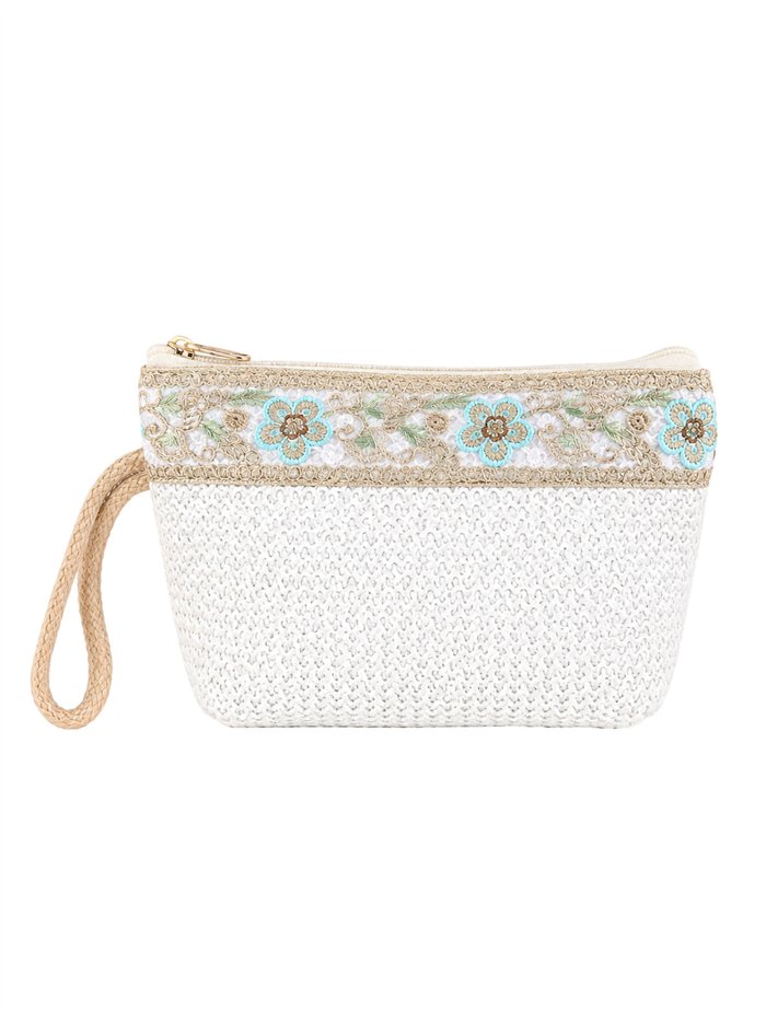 Embroidered raffia cosmetic pouch