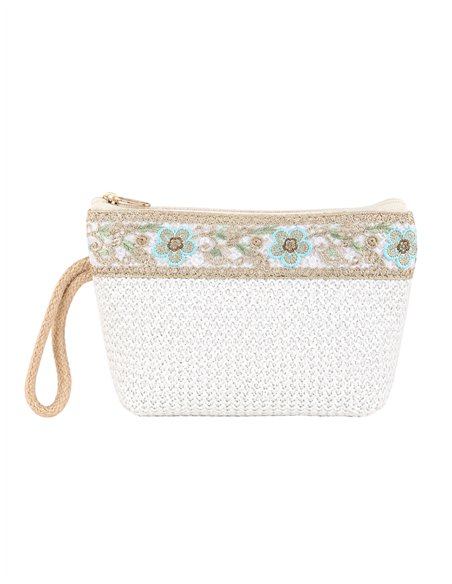 Embroidered raffia cosmetic pouch