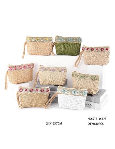 Embroidered raffia cosmetic pouch