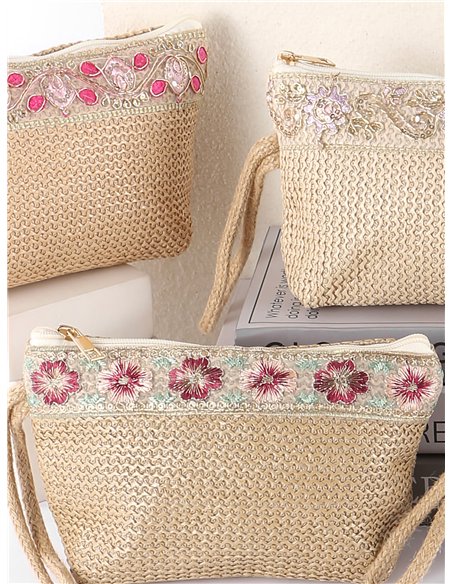 Embroidered raffia cosmetic pouch