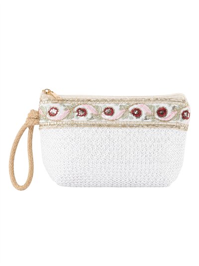Boho embroidered raffia pouch
