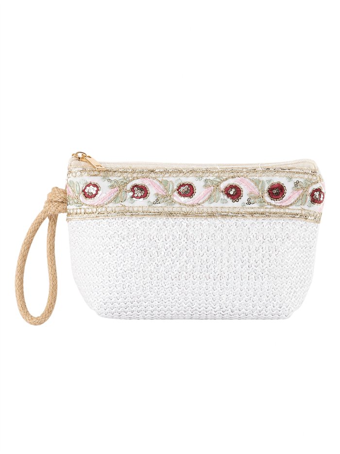 Boho embroidered raffia pouch