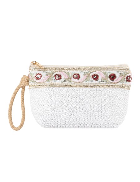 Boho embroidered raffia pouch