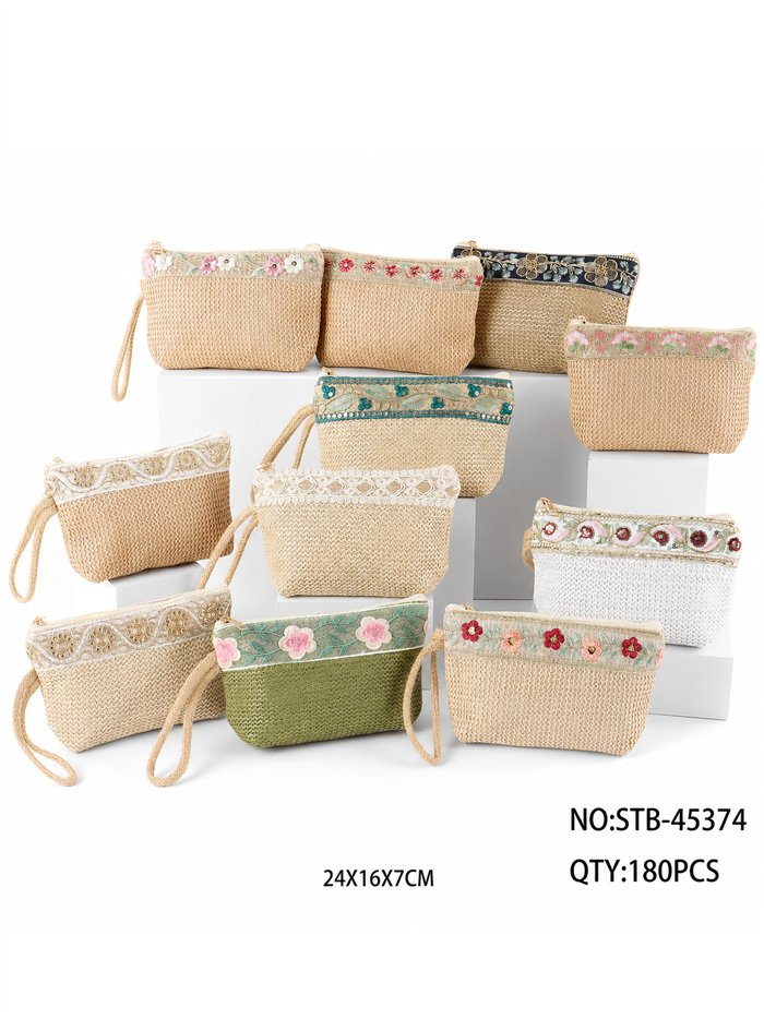Boho embroidered raffia pouch