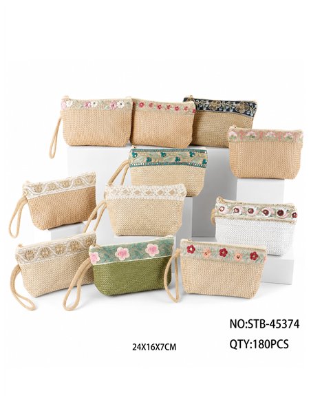 Boho embroidered raffia pouch