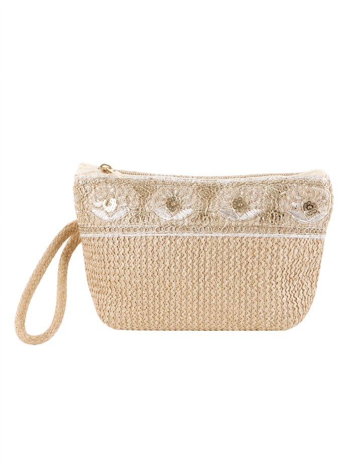 Metallic embroidered raffia pouch