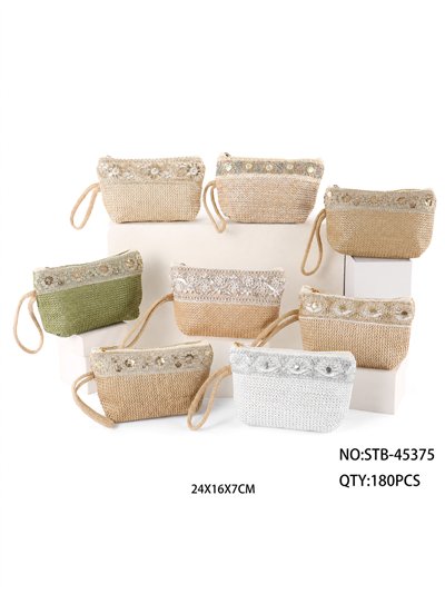 Metallic embroidered raffia pouch 2