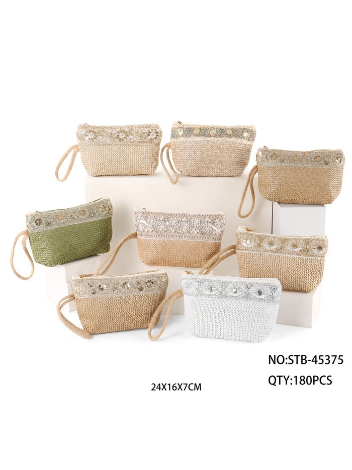 Metallic embroidered raffia pouch