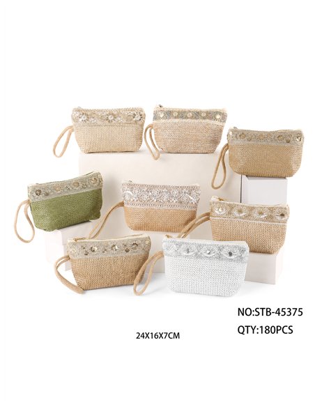 Metallic embroidered raffia pouch