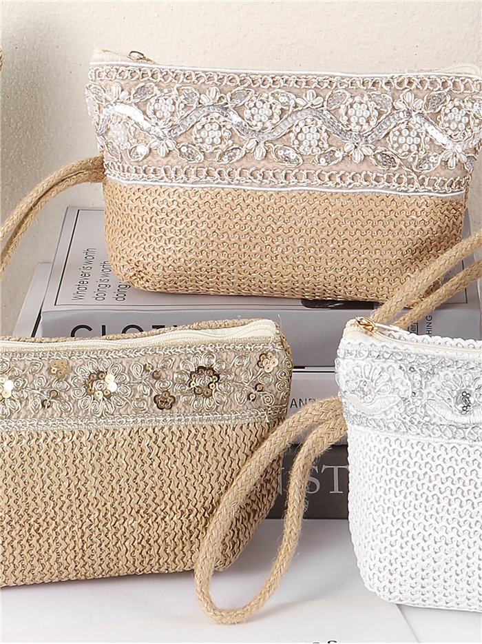 Metallic embroidered raffia pouch