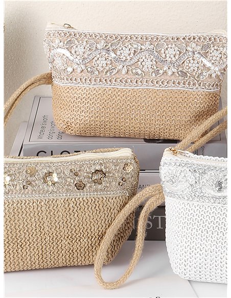 Metallic embroidered raffia pouch