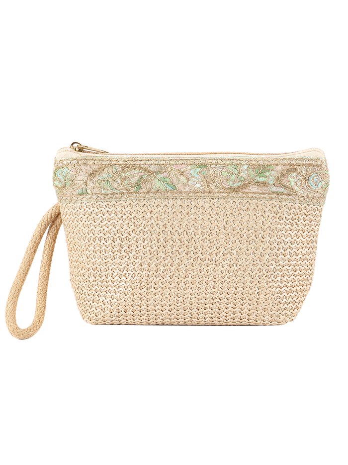 Raffia pouch with embroidered trim