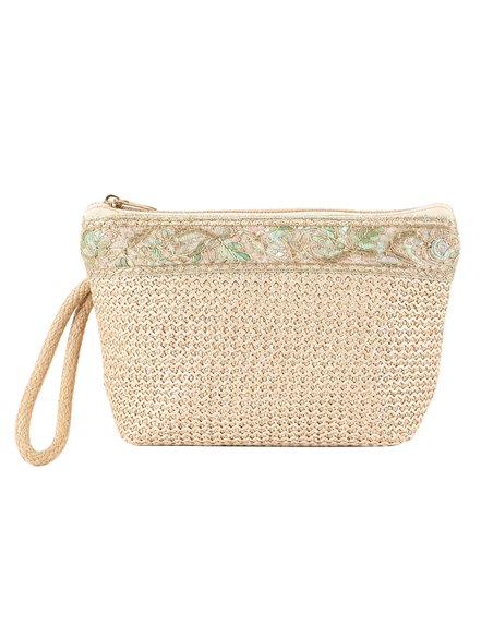Raffia pouch with embroidered trim